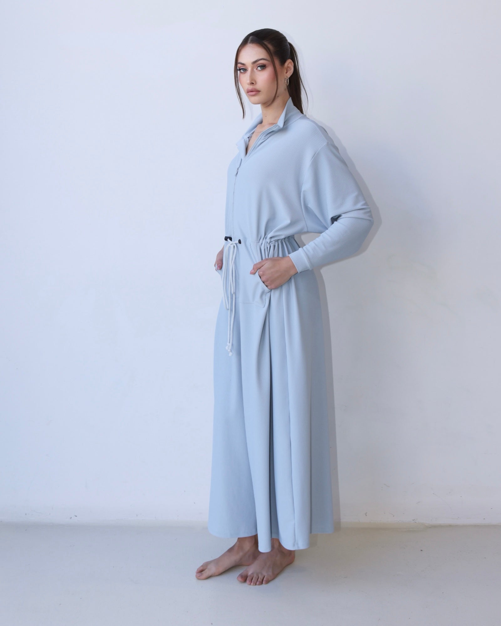 Eco-Conscious Pastel Blue Oversized Ribbed Jumpsuit - Lounge Edition