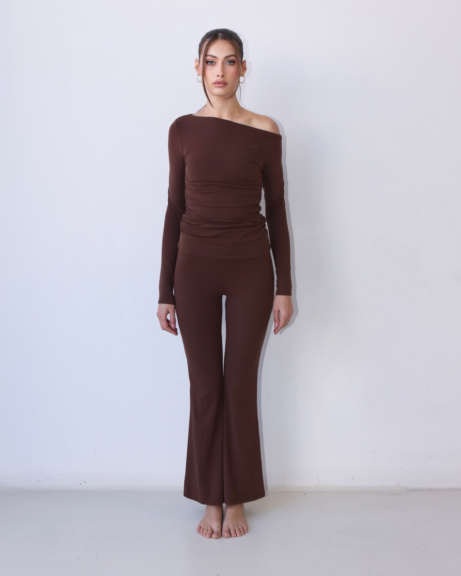 Mocha Brown Active scrunched Off-Shoulder Fitted Top
