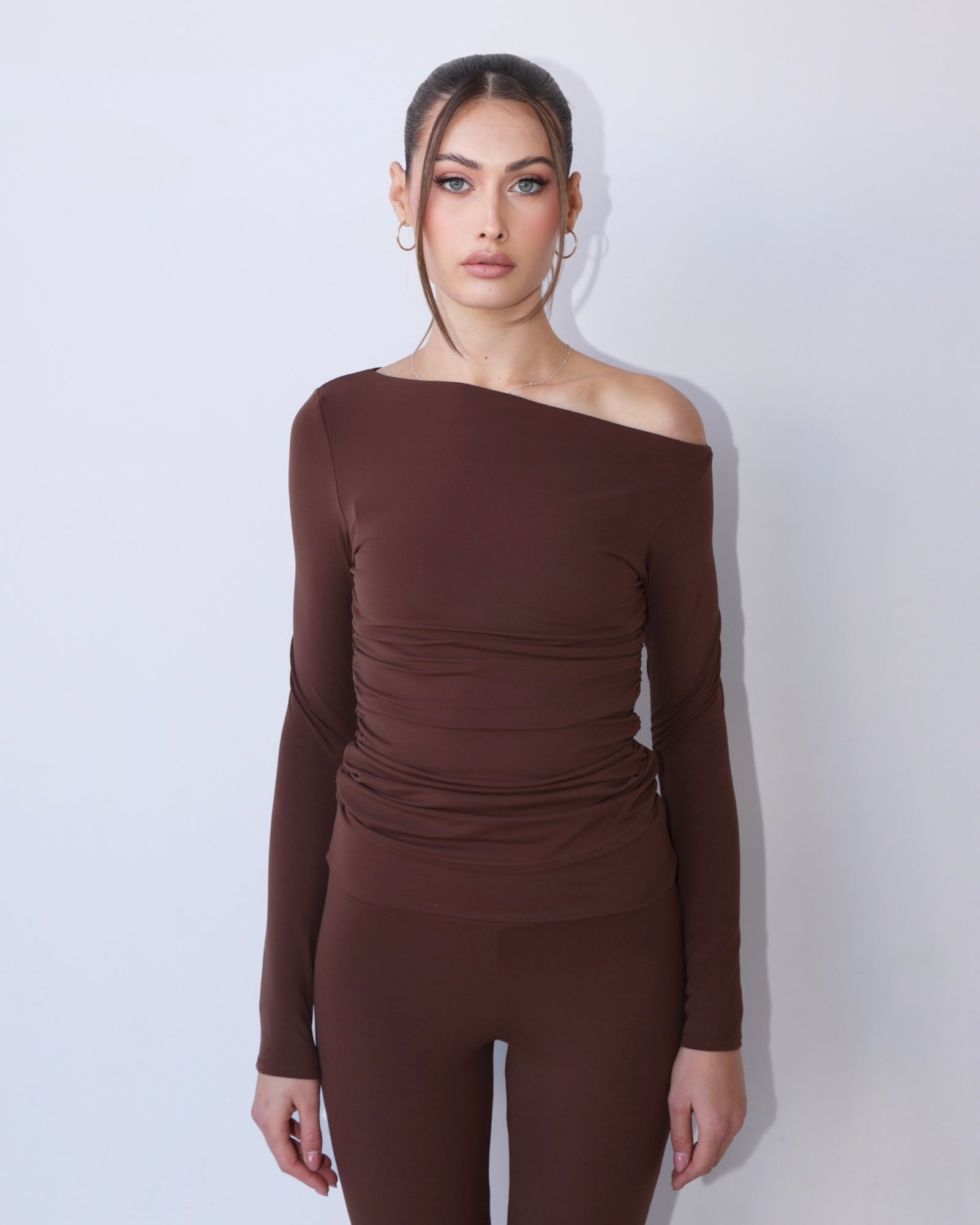 Mocha Brown Active scrunched Off-Shoulder Fitted Top