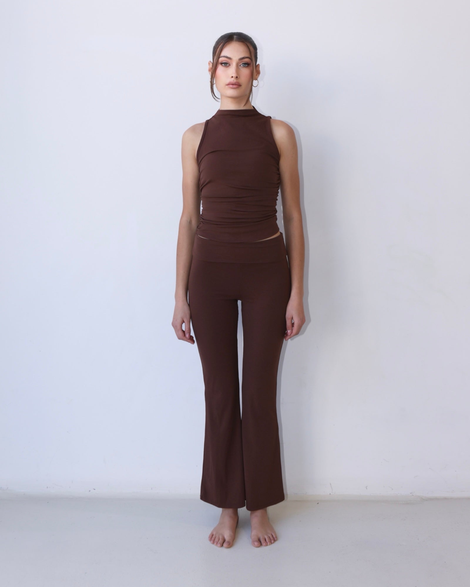 Mocha Brown  High-Neck Sleeveless Ruched Tank Top