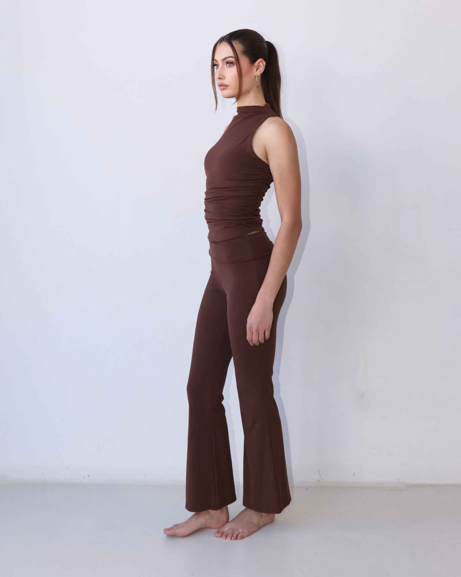 Mocha Brown  High-Neck Sleeveless Ruched Tank Top