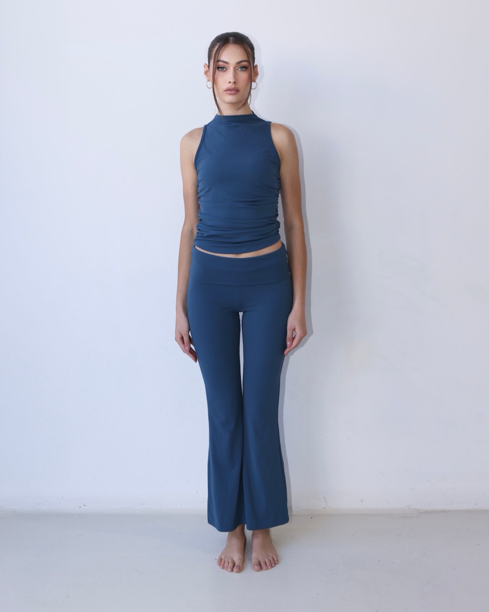 Ocean Blue High-Neck Sleeveless Ruched Tank Top