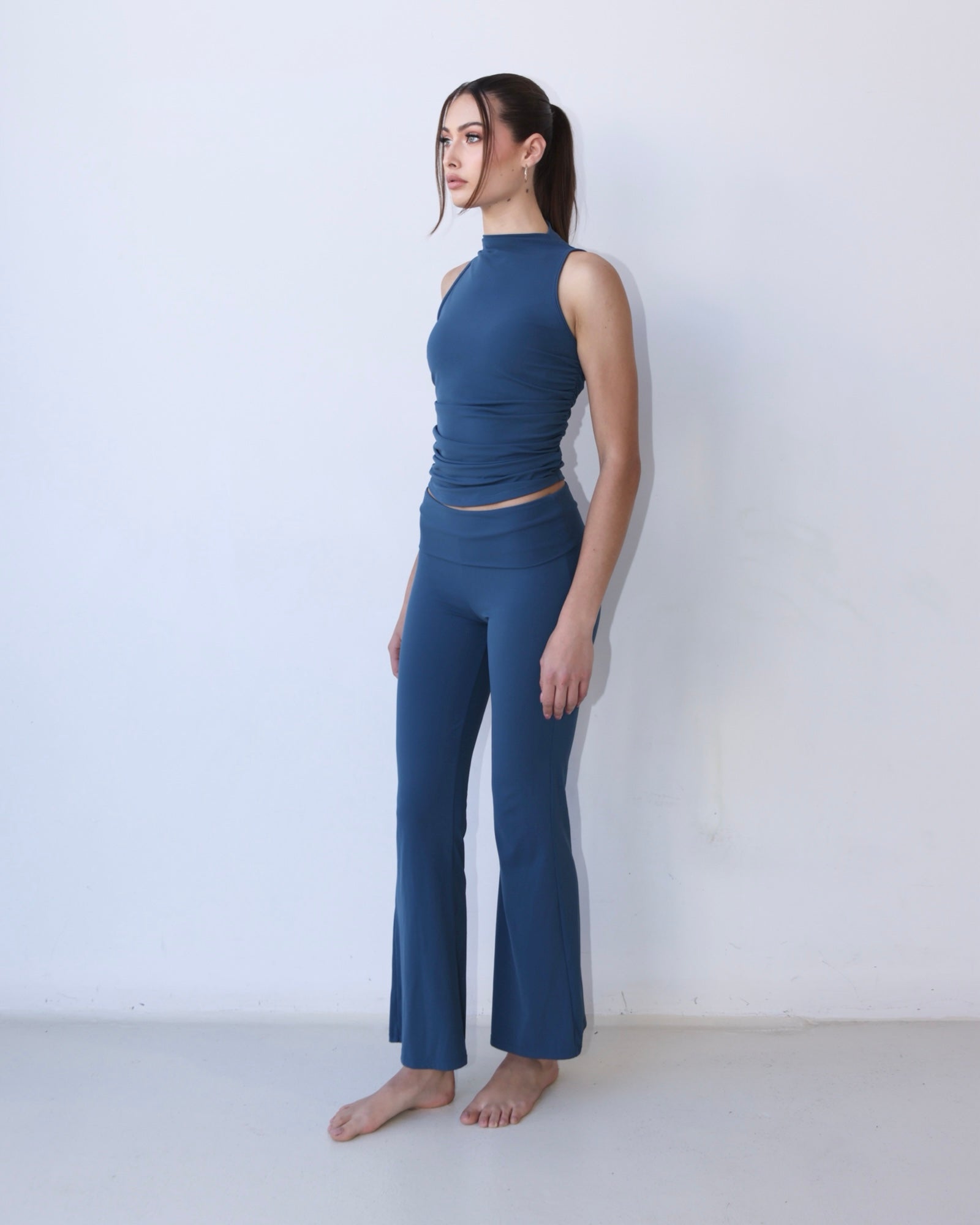 Ocean Blue High-Neck Sleeveless Ruched Tank Top