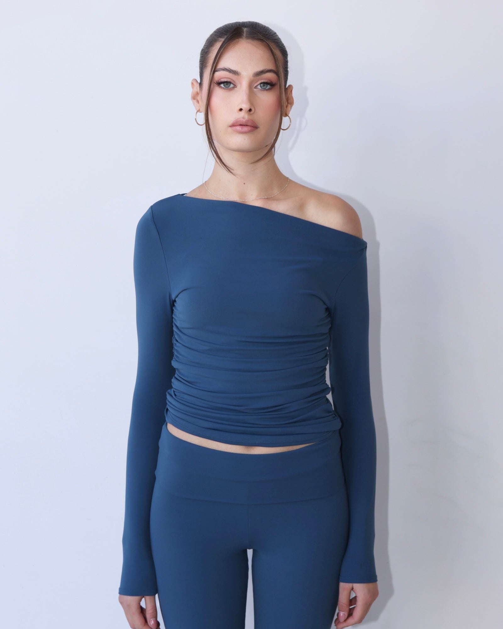 Ocean Blue Active scrunched Off-Shoulder Fitted Top