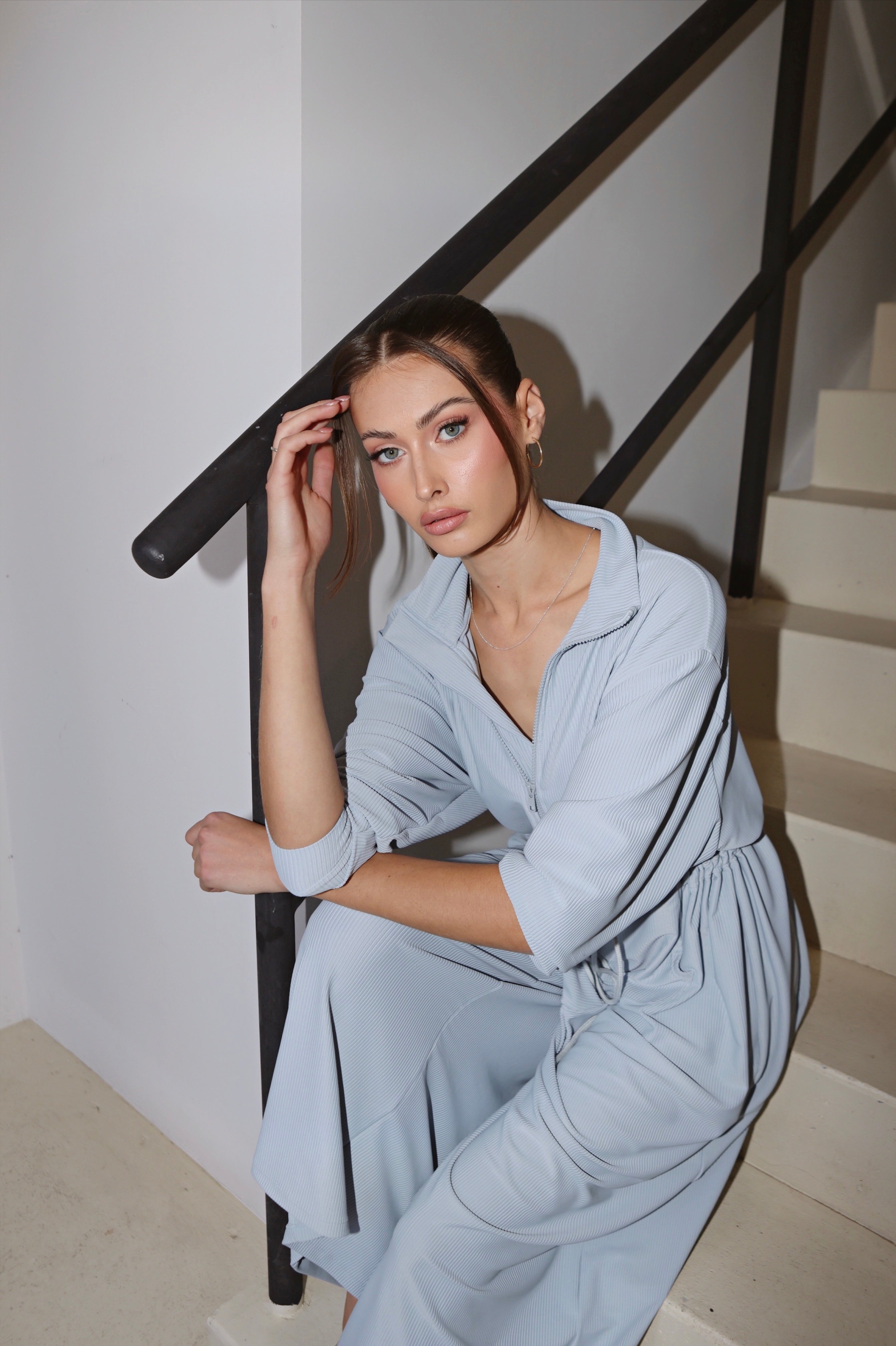 Eco-Conscious Pastel Blue Oversized Ribbed Jumpsuit - Lounge Edition