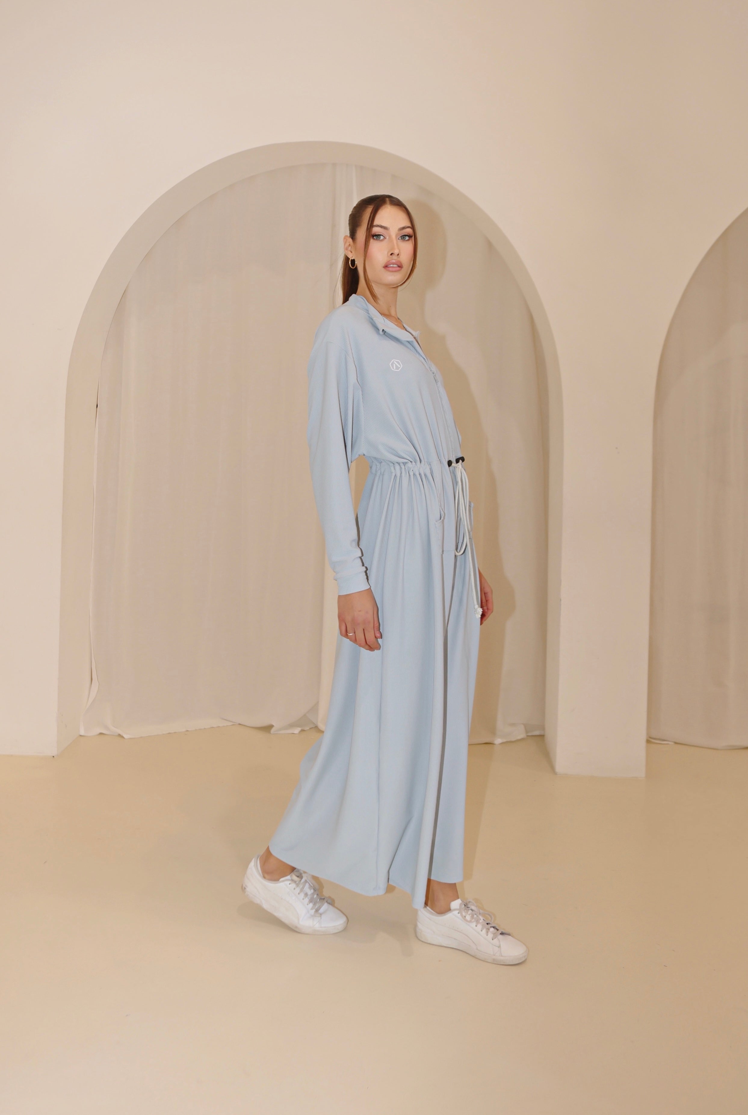 Eco-Conscious Pastel Blue Oversized Ribbed Jumpsuit - Lounge Edition