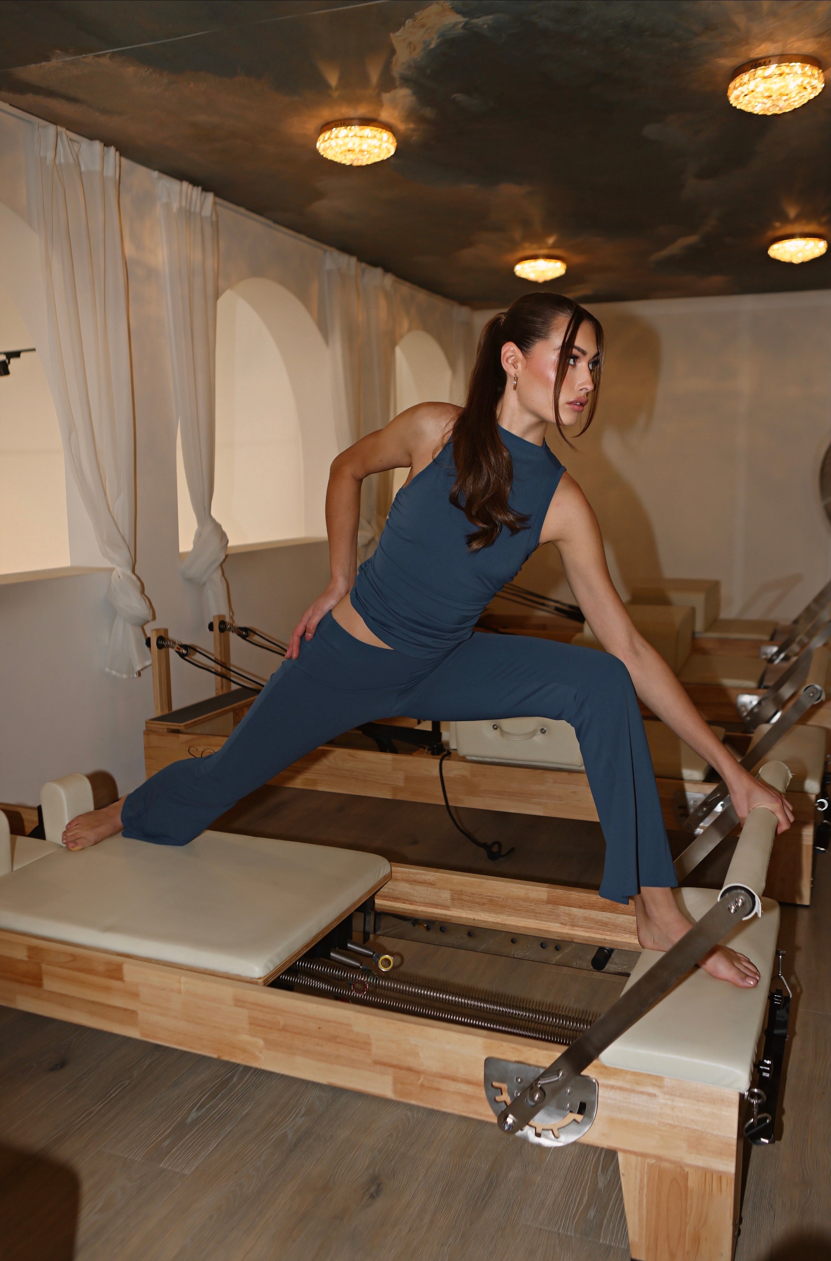 Ocean Blue High-Neck Sleeveless Ruched Tank Top