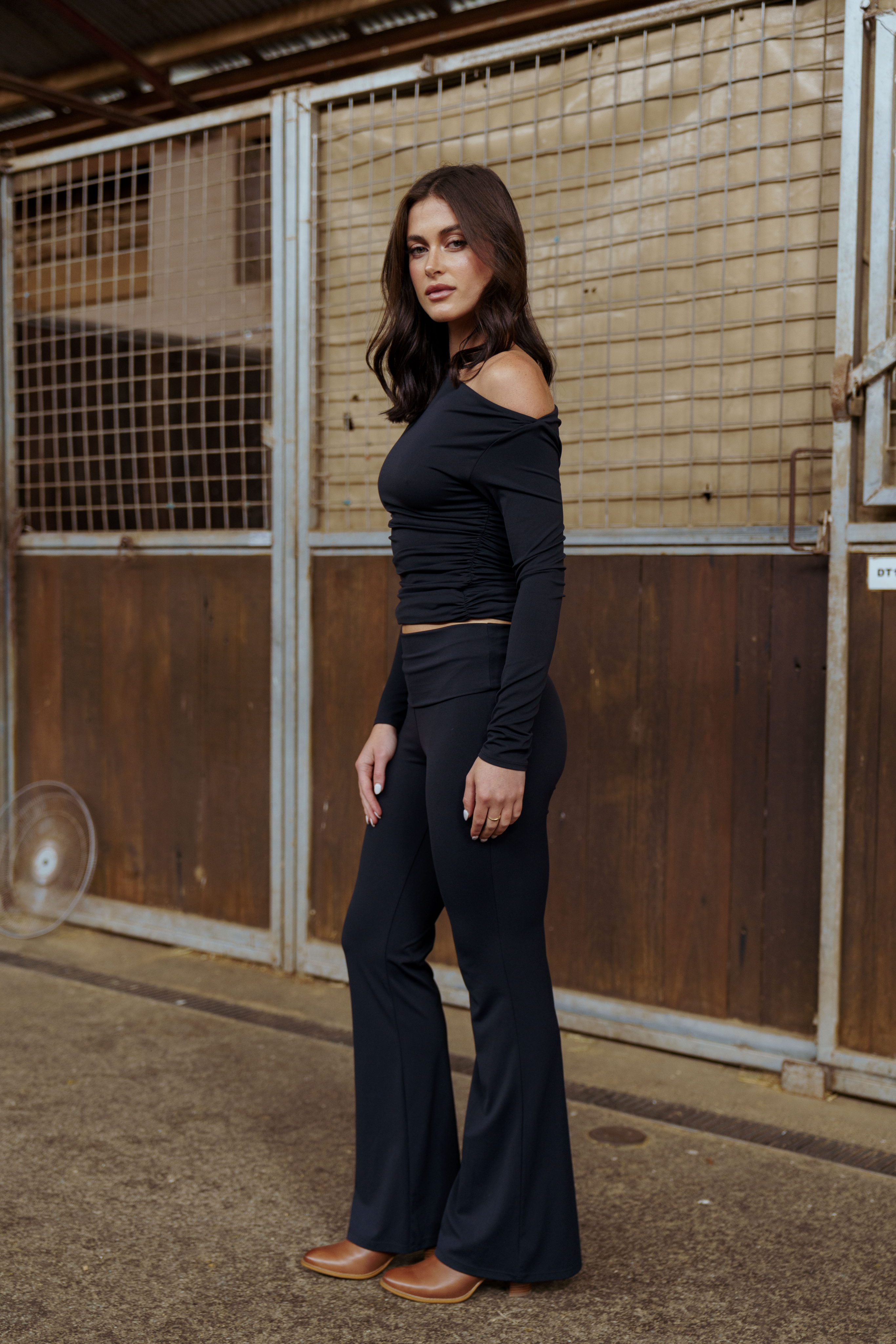 Black Active scrunched Off-Shoulder Fitted Top