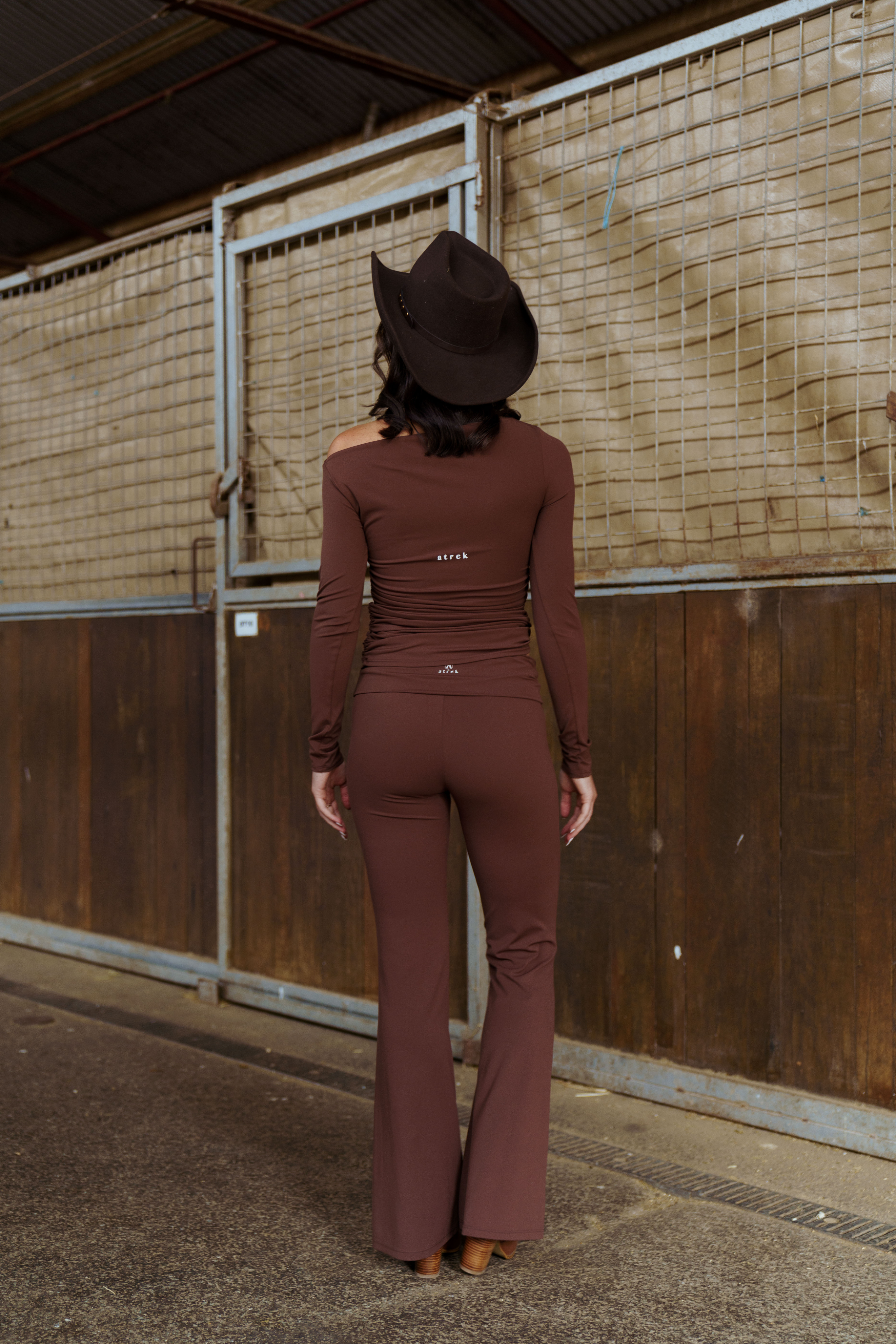 Mocha Brown Active scrunched Off-Shoulder Fitted Top