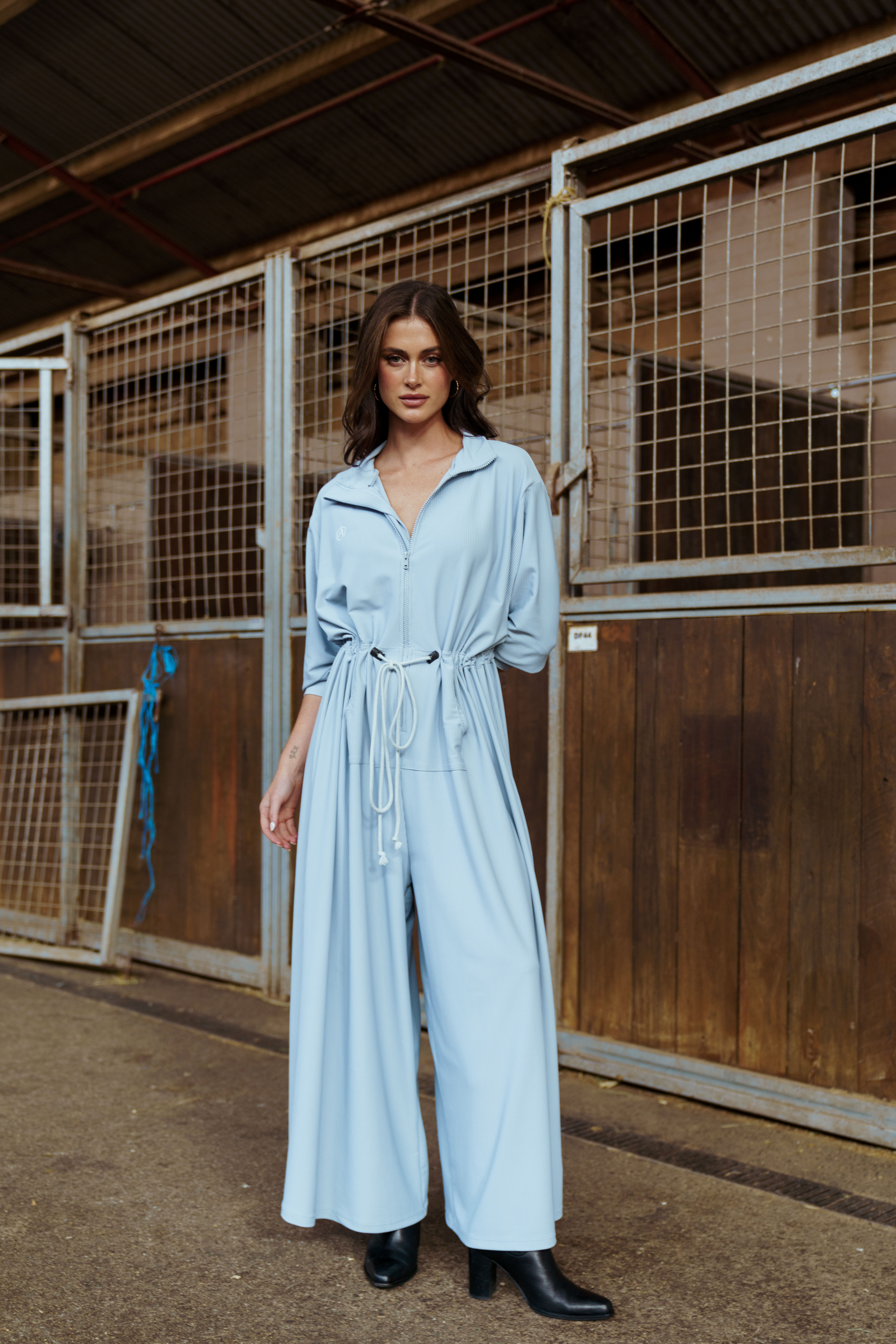 Eco-Conscious Pastel Blue Oversized Ribbed Jumpsuit - Lounge Edition